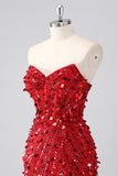 Sparkly Red Bodycon Strapless Corset Homecoming Dress With Sequins