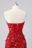 Sparkly Red Bodycon Strapless Corset Homecoming Dress With Sequins
