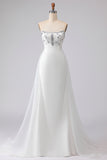 White A Line Beaded Strapless Long Wedding Dress
