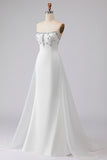 White A Line Beaded Strapless Long Wedding Dress