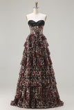 Sweetheart Brown Leopard A Line Sequin Corset Tiered Ruffle Long Prom Dress