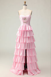 Pink A Line Sweetheart Beaded Tiered Ruffle Cut Out Long Prom Dress with Slit