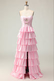 Pink A Line Sweetheart Beaded Tiered Ruffle Cut Out Long Prom Dress with Slit