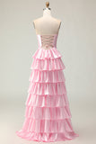 Pink A Line Sweetheart Beaded Tiered Ruffle Cut Out Long Prom Dress with Slit