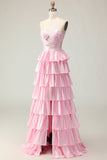 Pink A Line Sweetheart Beaded Tiered Ruffle Cut Out Long Prom Dress with Slit