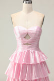 Pink A Line Sweetheart Beaded Tiered Ruffle Cut Out Long Prom Dress with Slit