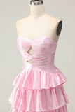 Pink A Line Sweetheart Beaded Tiered Ruffle Cut Out Long Prom Dress with Slit