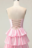 Pink A Line Sweetheart Beaded Tiered Ruffle Cut Out Long Prom Dress with Slit