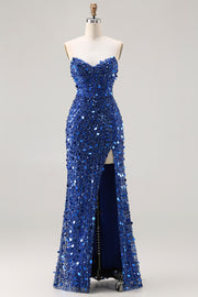 Sparkly Blue Strapless Corset Sequins Long Prom Dress with Slit
