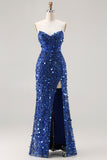 Sparkly Blue Strapless Corset Sequins Long Prom Dress with Slit