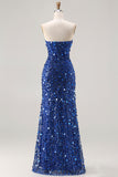 Sparkly Blue Strapless Corset Sequins Long Prom Dress with Slit