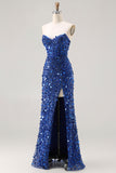 Sparkly Blue Strapless Corset Sequins Long Prom Dress with Slit
