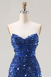 Sparkly Blue Strapless Corset Sequins Long Prom Dress with Slit