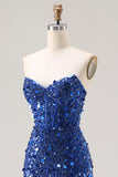 Sparkly Blue Strapless Corset Sequins Long Prom Dress with Slit