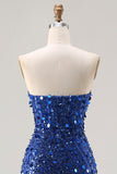 Sparkly Blue Strapless Corset Sequins Long Prom Dress with Slit