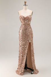 Sparkly Champagne Strapless Corset Sequins Long Prom Dress with Slit