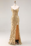 Sparkly Champagne Strapless Corset Sequins Long Prom Dress with Slit