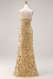 Sparkly Champagne Strapless Corset Sequins Long Prom Dress with Slit