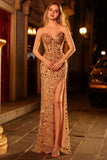 Sparkly Champagne Strapless Corset Sequins Long Prom Dress with Slit