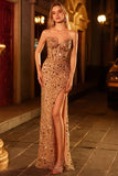 Sparkly Champagne Strapless Sheath Corset Sequins Long Prom Dress with Slit