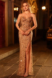 Sparkly Champagne Strapless Sheath Corset Sequins Long Prom Dress with Slit