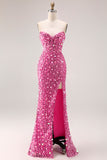 Sparkly Champagne Strapless Corset Sequins Long Prom Dress with Slit