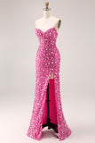 Sparkly Champagne Strapless Corset Sequins Long Prom Dress with Slit