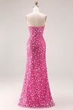 Sparkly Champagne Strapless Corset Sequins Long Prom Dress with Slit