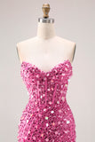 Sparkly Champagne Strapless Corset Sequins Long Prom Dress with Slit