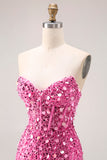 Sparkly Champagne Strapless Corset Sequins Long Prom Dress with Slit