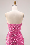 Sparkly Champagne Strapless Corset Sequins Long Prom Dress with Slit