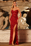 Strapless Sparkly Red Corset Sequin Long Prom Dress with Slit