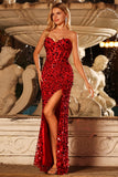 Strapless Sparkly Red Corset Sequin Long Prom Dress with Slit