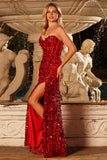 Strapless Sparkly Red Corset Sequin Long Prom Dress with Slit