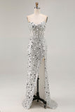 Sparkly Silver Mermaid Strapless Corset Sequins Long Prom Dress with Slit