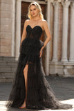 Black White Dots Sweetheart A Line Tiered Ruffle Corset Long Prom Dress with Slit