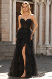 Black White Dots Sweetheart A Line Tiered Ruffle Corset Long Prom Dress with Slit