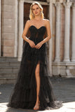 Black White Dots Sweetheart A Line Tiered Ruffle Corset Long Prom Dress with Slit