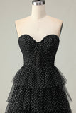 Black White Dots A Line Sweetheart Tiered Ruffle Long Prom Dress with Slit