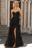 Black White Dots Sweetheart A Line Tiered Ruffle Corset Long Prom Dress with Slit