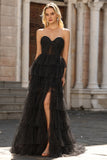 Black White Dots Sweetheart A Line Tiered Ruffle Corset Long Prom Dress with Slit
