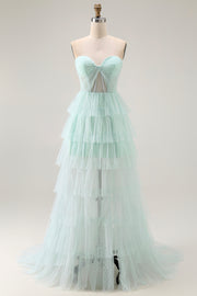 Light Green Sweetheart Tiered A-Line Corset Long Prom Dress with Slit