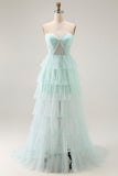 Light Green Sweetheart Tiered A-Line Corset Long Prom Dress with Slit