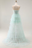 Light Green Sweetheart Tiered A-Line Corset Long Prom Dress with Slit