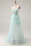 Light Green Sweetheart Tiered A-Line Corset Long Prom Dress with Slit
