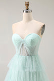 Light Green Sweetheart Tiered A-Line Corset Long Prom Dress with Slit
