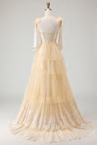 Apricot A Line Beaded Corset Tiered Ruffle Long Prom Dress with Bow
