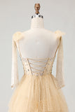 Apricot A Line Beaded Corset Tiered Ruffle Long Prom Dress with Bow