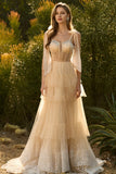 Champagne A Line Beaded Corset Long Prom Dress with Ruffles