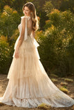 Champagne A Line Beaded Corset Long Prom Dress with Ruffles